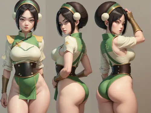 Il cowboy ha sparato alla bambina, che era vestita con un vestito toph beifong. Aveva uno sfondo semplice e capelli corti. La sua faccia senza espressione l'ha fatta sembrare come se fosse in un film porno