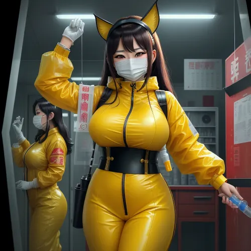 Una donna in un vestito giallo hazmat con grandi orecchie di pipistrello e grandi ali di pipistrello sta battendo su una porta aperta, mentre due scienziati nelle sale di controllo dietro di lei sono in panico e tenere le siringhe oversize. L'immagine raffigura una metà-19