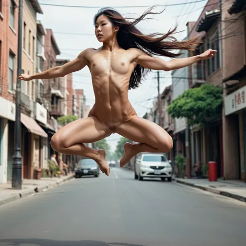 The young adult girl, with her long hair and perfect body, was jumping from building to building with grace and perfection. Her muscles rippled with every movement, leaving behind a trail of sparks in her wake