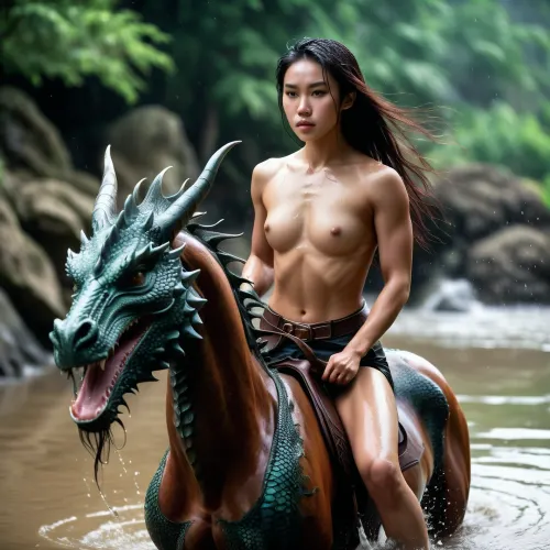 The young Asian woman with her long black hair and piercing blue eyes sat astride a magnificent horse, her muscles rippling with every movement. She was the epitome of perfection, with her smooth skin and toned body. As she rode through the
