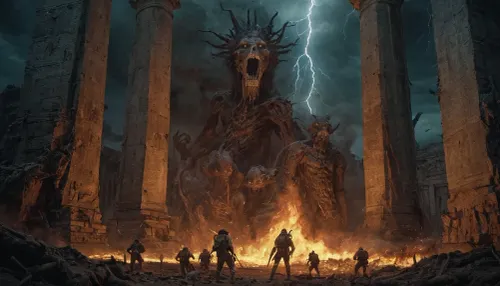 Die KI erzeugte ein Foto von einem dämonischen verdrehten alten Ruinen aus Knochen, mit High-Definition-Foto von einem Marines vs Dämonen und der digitalen Kunst von beksinski und szukalski. Die Horrorkunst wurde mit dem Lo geschaffen