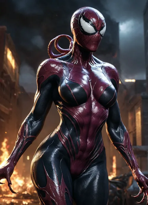 The hyperrealistic art depicts a female venom symbiote with a huge big breasts and an 8 k render. The photo is hyperrealistic, depicting the character's fine texture and realistic details that make it look like an actual photo. It's