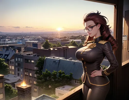 Il giovane giovane giovane adulto giovane pilota ragazza è in piedi sul ponte di un'antica aeronave, indossando un vestito steampunk con una parte di rame e gli occhiali da pilota rotondo. Sta guardando alla distanza, ammirando la vista di un motore a vapore e