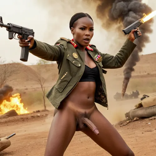 The African warlord woman with a penis was firing her AK-47 at the enemy, wearing a t-shirt with the words "Sissy" written on it and firing at the enemy