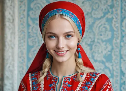 Girl 18 years old, body, slender body, masterpiece, best quality, details, high quality, 1 girl, attractive woman, very beautiful, happy smile, light blonde hair, blue eyes, dressed in national, (red), Russian outfit, headscarf around the face, looking at the camera, photo at waist height