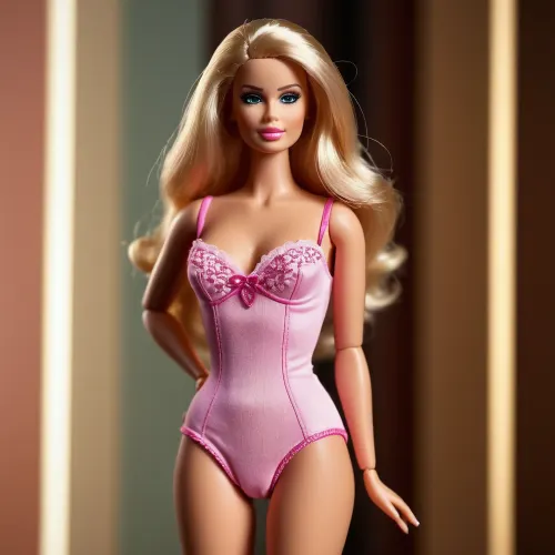 사진의 여성은 slutty 바비 인형이며, 꽉 핑크 드레스와 slutty 바비 인형의 전체 바디 뷰를 착용합니다. 그녀는 그녀의 입술이 더 키스 할 수 있도록 밝은 빨간 립스틱에, 그녀의 머리