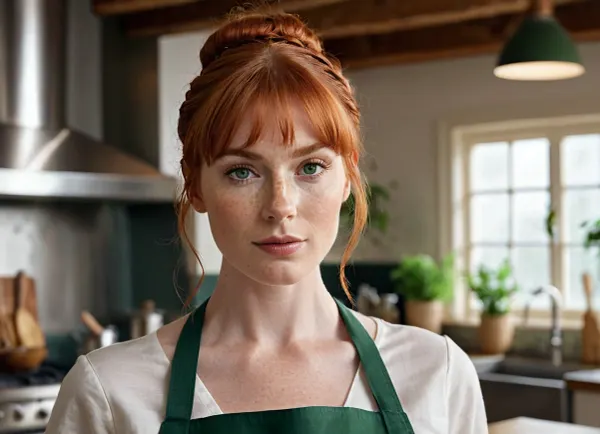 모델의 자연 빛 빨간 머리 shone 같은 photon 지도, 그리고 그녀의 freckles 그녀의 코와 cheeks 서 있었다. 그녀는 매우 현실적 인 사진을 입고 옷 밑창이없고, 그녀의 코에 튀겨