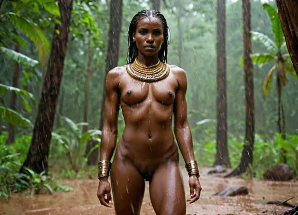 A Sudanese tribal warrior woman, with a voluptuous body and long wet hair, stands in the rain, ready to fight. She is clad in tribal warrior attire and wields a trident. The water droplets glisten on her skin