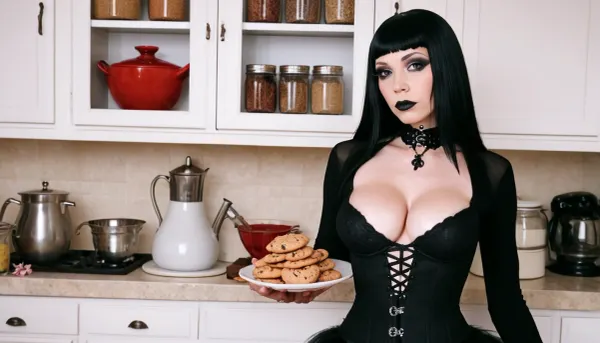 母は、コルセットとチョーカーを着て、彼女の顔に喜びと満足の大きなボウルに成分を混合します