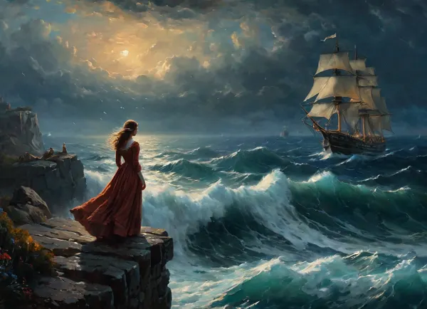 The girl in the tattered and torn medieval ragged dress stood on the high cliff above the sea, looking out to sea. She was looking at a sinking ship on the right part of frame, which was being battered by high winds and waves