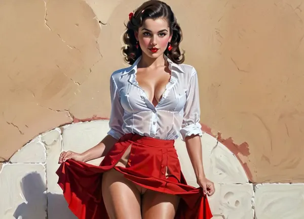 तेल चित्रकला एक उच्च गुणवत्ता वाली डिजिटल कला टुकड़ा है जो गिल Elvgren की "एक तस्वीर के लिए एक लाल स्कर्ट में एक महिला" से प्रेरित है। लक्ष्य दर्शक कला प्रतियोगिता विजेता हैं, और यह एआई प्रौद्योगिकी का उपयोग करके उत्पन्न किया गया है। यह