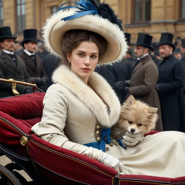 Resimdeki kadın zengin bir aristokrat olarak tasvir edilir, lüks bir kıyafetlerde giyinir ve açık bir arabada bindirilir Resimdeki kadın zengin bir aristokrat olarak tasvir edilir, lüks bir kıyafetlerde giyinir ve açık bir arabada bindirilir