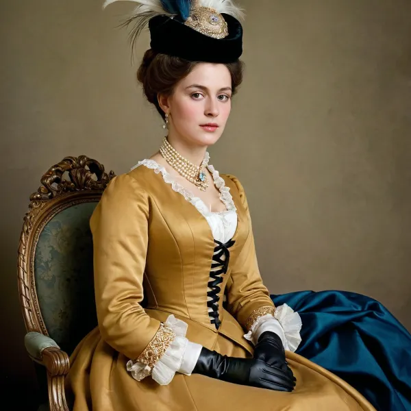 Resimdeki kadın bilinmemektedir, ancak kıyafeti ve aksesuarları zengin ve moda bir yaşam tarzı öneriyor. She is tasvired in an handsome light ceket with kürk trim and velvet şapka trimmed with tüyler ile tasvir edilir, resmi bir etkinliğe veya kutlamaya katılabilir veya kutlamaya devam edebilir