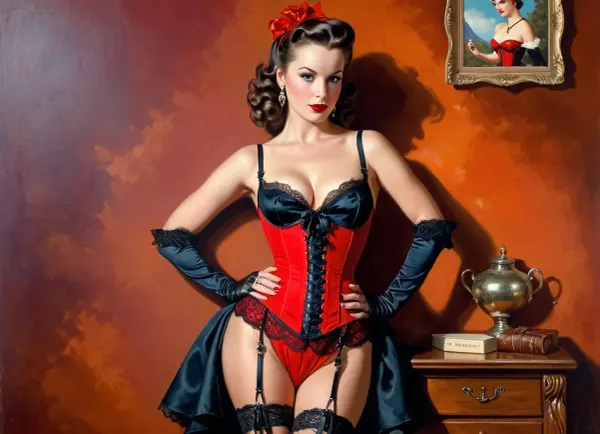 A young woman dressed in a red and black costume, with long dark hair and boots, stands in front of a canvas, which is covered in intricate details. The background of the picture is full of lush greenery and blue skies. She appears to