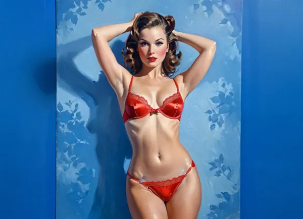 这幅油画是一位穿着红色内衣的无上层女性,为一幅画装扮,由工作室AI生成照片. 她的嘴唇被闪亮的粉红色光泽涂抹,她的长发在她的背上连绵. 她穿着性感