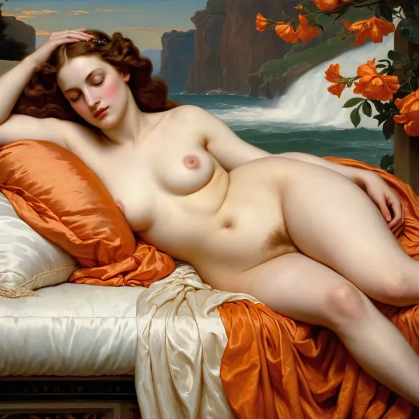 Flaming June" is a famous 19th century English painting by Frederic Leighton, depicting only one young woman in orange. The painting has no written instructions to help us understand its meaning or title