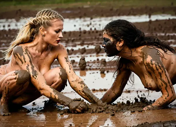 Zwei Frauen, eine Muskulärin und die anderen großen Tiere, kämpften über ein Bild eines muskulären Mannes. Sie konnten nicht helfen, sondern starren sich gegenseitig an, während sie über das Bild kämpften, ihre Brüste schoben mit jeder Bewegung auf und ab