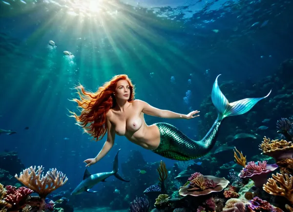 beautiful 25 year old mermaid swimming with a shark, (mermaid:1.5), (topless:1.4), big natural breasts, long red hair, underwater scene in the deep sea, full body view, <lora:magical_vibrance_XL:1.5>