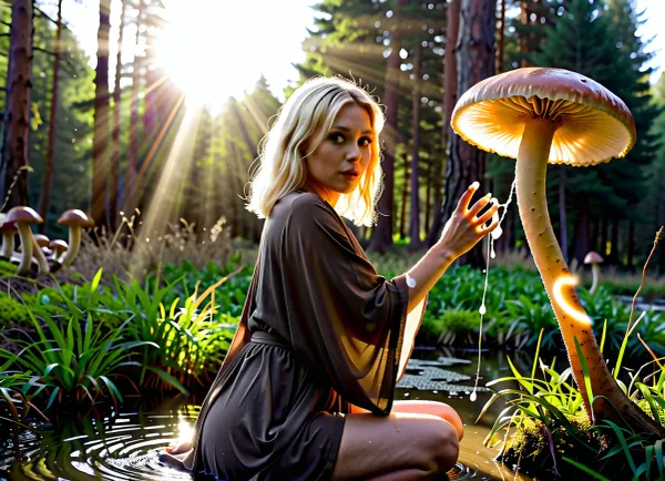 Shin Hati was on her hands and knees, her face tilted back as she gazed up at the giant slimy mushrooms that surrounded her. The sun rays shone through the translucent mushrooms, casting a warm glow over everything. Suddenly,