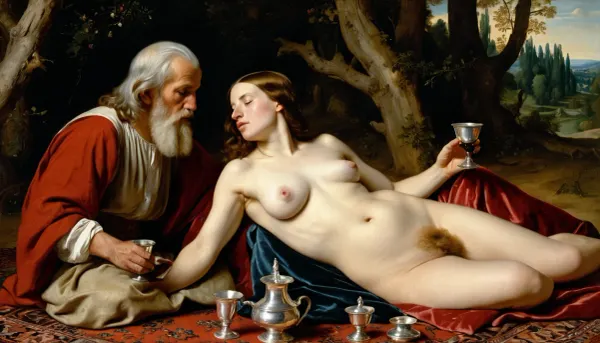 画中描绘了两名妇女躺在前台的波斯地毯上,胸部暴露. 在背景中,有一个森林清空 傍晚光线过滤穿过树木