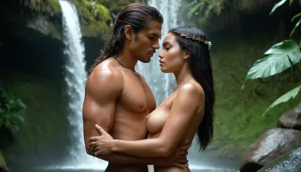 A stunning full-body photograph of a beautiful nude young slim polynesian woman embracing a nude male european warrior with a penis, under a waterfall in the jungle