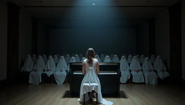 Una mujer con un vestido de alta calidad tocó una melodía inquietante en una casa abandonada, sus dedos mirando las llaves mientras tocaba un pequeño salón de conciertos en una casa abandonada. La audiencia fue mesmerizada por su talento, y se sentaron