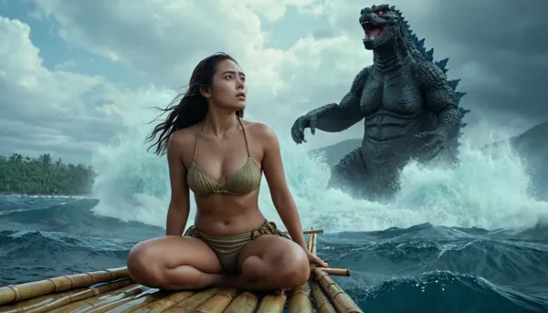 The epic movie scene was a breathtaking display of the power and beauty of nature. A beautiful polynesian girl on a bamboo raft out at sea, surrounded by lush greenery and towering palm trees. Suddenly, a massive wave crashed down from