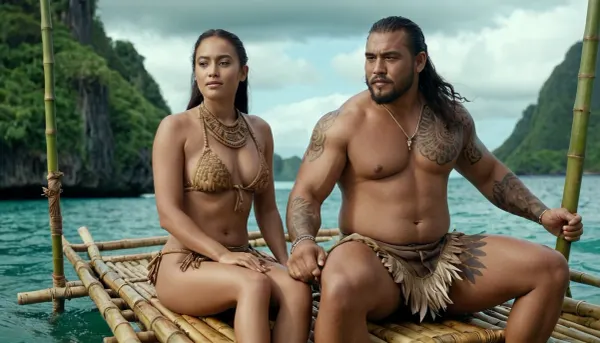The polynesian girl and the big strong tattooed polynesian man were sailing on a bamboo raft out at sea. They were happy and enjoying the beautiful scenery around them when suddenly, they spotted a chicken running across the water towards them. The