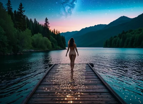 The woman walked across the bridge of stars, her naked body glistening in the starlight. She was searching for something, but what it was, she didn't know. As she reached the other side of the lake, she saw a picture