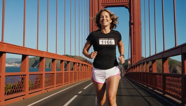 Una splendida donna di 40 anni in una t-shirt nera e pantaloncini bianchi corre sul Golden Gate Bridge a San Francisco, sorridendo e guardando la fotocamera