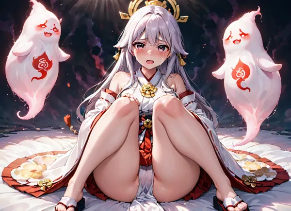 一个穿着白色传统米科长袍的日本少女跪着,一边哭着,一边鬼魂向她道歉