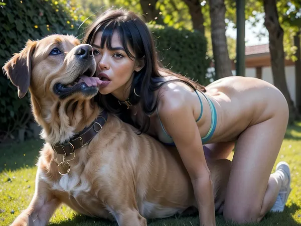 La donna era nuda e su tutti i quattro, il suo corpo coperto di sporco e erba. Un grosso cane le è stato attaccato alla schiena, la sua lingua appese mentre si è impiccato pesantemente. Il volto della donna è stato contorto con piacere mentre lei ha cavalcato