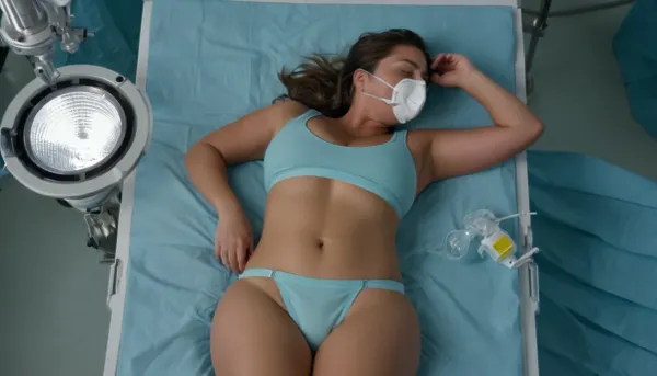 The woman was sleeping on an operating table wearing a respirator and panties. Her perfect features were highlighted by the dimly lit room. She had thick thighs, a curvy body, and full breasts. Her long hair was messy and her lips