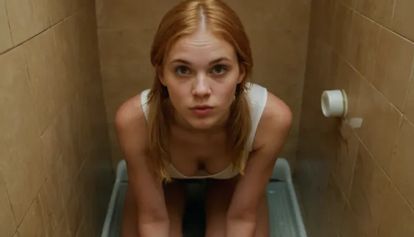 The young girl, with her natural beauty and perfect body, was taking a piss in the public toilet. She squatted down to take a piss, and her pee puddle was huge. She had beautiful hands and full lips, with clear white