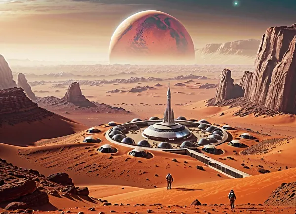 In the year 3456, on Mars, the inhabitants live in bubble cities, the president is there, inside the Martian temple, blessing the multitudes of mixed-sex pilgrims, female and transsexual and male, from the depths of mars, view from afar, <lora:SDXLHighDetail_v5:.5>, <lora:add-detail-xl:.5>
