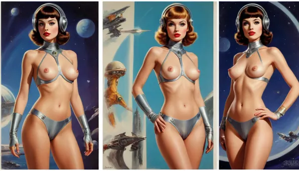 (style of old pulp scifi poster, Flat 2D Art, retrofuturism:1.2), (side-by-side pictures:1), side-by-side pictures of 18 year old sexy princess, wearing sexy futuristic asymmetric space uniform provocative lewd scifi revealing cutout clothes intricate intimate avant-garde suit uniform, (slim body, very small perky tits, very hairy pussy:1), (), partially nude, <lora:add-detail-xl:.5>, weird, future, fashion, helmet, <lora:weird future fashion_v5_xl:.5>