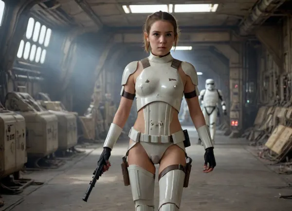 Star Wars, (public 2 stormtrooper), . Cinematic lighting. Dynamic angle., 2 nude stormtrooper woman with short hair ponytails woman naked, nude woman, ((deeply tanned)), beautiful 18 years old, dynamic walking stretching, (harness armor, blaster), (walking full body view from head to toe), (((full body))), (full body in the picture:1.3), ., stormtrooper, (color), Star, Destroyer, Interior, <lora:sdxl_lora_stormtrooper:.5>, <lora:877203_training_data:.5>, <lora:XL_FDOneNudeFemale:.3>