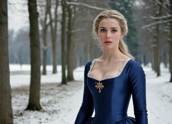 The year is wintertime in the 18th century. This is a full body picture of a, (stunning), wealthy, ((thin waist)), mysterious British noblewoman without makeup. She is the picture of a perfect lady. She is wearing a dark blue silk gown with long sleeves that stretches tight over her full bosom. Her blonde hair is pinned up revealing a refined jawline. She has been running playfully in the snow, and her cheeks are flush with the cold. She is turned to the side. HDR photo, best quality, ultra-detailed, masterpiece, finely detail, photorealistic. perfect eyes