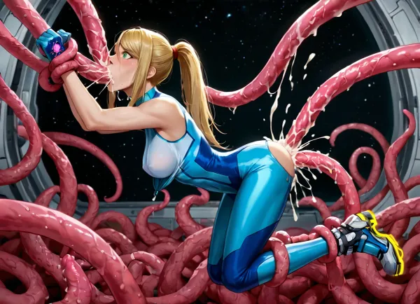 masterpiece, best quality, highly detailed, (anime:1.2), BREAK, (full body view:1), (sideview), (solo), ((a gorgeous 25 year old white woman, Samus Aran)), (shocked, fear, screaming, tears, surprised), (in a spaceship:1.2), (Samus is wearing an unzipped bodysuit), (Samus has a blonde ponytail), natural b cup breasts, nipples, (green eyes), slim, athletic, gymnast body, ((getting throatfucked by a tentacle)), ((throat bulge)), tentacles in her mouth, oral creampie, ((restrained)), elevated in the air, cum spurting from the mouth, covered in cum, gagging, asphyxiation, tentacles in ass, anal penetration, head tilted backwards, <lora:MeMaV3_ill:.5>, <lora:add_details_xl:.5>, <lora:Better Anime Backgrounds - [Background] - SDXL Version 1:.5>