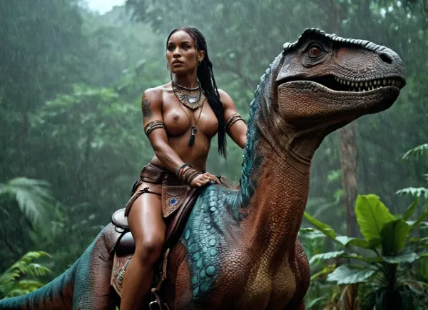 dinosaur, allosaurus, jungle, Woman, dark skinned, muscular, tribal tattoos, sitting astride a dinosaur, sitting in the saddle, wearing tribal clothing, Rain, high detail, light elaboration, high quality, good quality