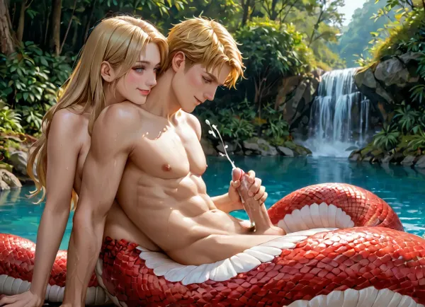 masterpiece, best quality, highly detailed, (anime:1.2), BREAK, sideview, in the forest, water, waterfall, (male human on lamia girl, male human on female humanoid:1.3), ((a gorgeous 35 year old white lamia girl with a really long snake's tail, blonde hair)), lamia girl has captured and ensnared a naked man, reverse rape, femdom, coiling, coiling another, (man sitting on her lap with his arms behind back), man's arms, legs, torso, and neck coiled by her snake tail, (man face clenching teeth), man clenches his teeth while struggling helplessly to break free as she milks his penis, (girl giving man a reach_around_handjob, sitting, handjob, the girl reaches around him and holds the man’s large erect penis in her hand, cum dripping from penis onto her hand:1.1), (the girl jerks the man’s penis with her hand:1.1), (the girl strokes the man’s penis with her hand:1.1), on a fur blanket near a campfire, (lamia girl has blonde hair and blue eyes), (lamia girl is nude, no bra, with natural F cup boobs, perfect nipples:1.3), slim, athletic, sweaty, gymnast body, (projectile cum, large ejaculation, cum, male orgasm, cumming, erection:1.2), ((girl face has a naughty grin)), RAR, <lora:MeMaV3_ill:.5>, <lora:add_details_xl:.5>, <lora:Better Anime Backgrounds - [Background] - SDXL Version 1:.5>, <lora:RAR 0.4v:.5>