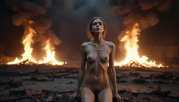 ((full body view)), ((wide angle view)), anorexic, small breasts, A sea of tortured souls. Darkness and flames. Despair, forsaken, abandoned, pain, misery. 8K