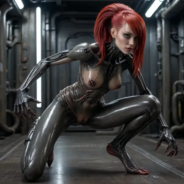 Xenomorph alien Girl, (human face, alien arms end leggs, tits and pussy naked, covered in oil, full Body visible), Doggystyle fucking Cyberpunk Android girl, cyberpunk Android girl, HAIR, (Red hair, Undercut), OUTFIT, (Cyborg mech suit, DARK Eyeliner, Long eyelashes), POSE, (squatting, feet together and knees apart), Xenomorph, <lora:Xenomorph v2:.8>, <lora:CyborgMechExosuit_v1.5:.3>