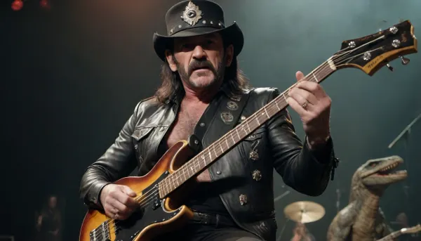 Lemmy Kilmister riding a dinosaur while playing bass