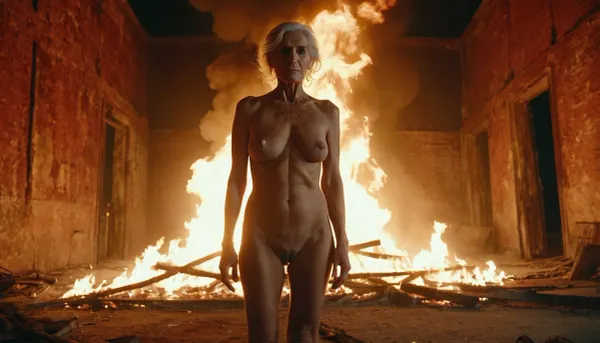 ((full body view)), ((wide angle view)), Woman of 69 yearsold anorexic, big saggy breasts, A sea of tortured souls. lights and flames. Despair, forsaken, abandoned, pain, misery. 8K
