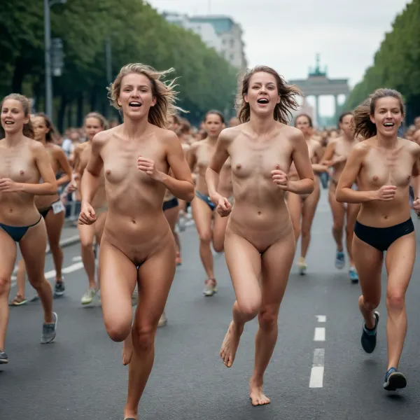 5 naked 20year old girls running on Berlin marathon, fully naked bodies, bodies fully in image, (including feet), only wearing running shoes, bound hair, sweating and fighting for speed, joyful faces, crwod watching in background
