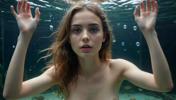 underwater, a naked 20 years old beautiful slim fit woman with narrow torso, swimming and staring at us. immersed in an aquarium, surrounded by bubbles, her hand pressed on the camera lens, she looks through the glass. flowing hair, light draws reflections on her full body. accurate eyes, realistic detailed eyes, realistic skin texture, high quality, photorealistic, extremely detailed, high resolution, high resolution face, high resolution eyes, 8k