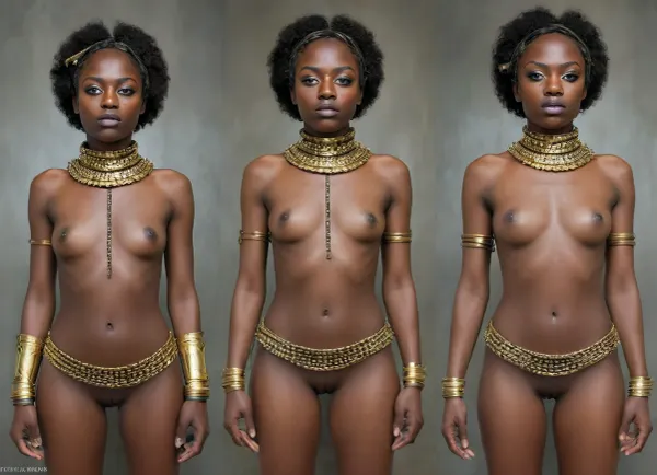 (masterpiece, perfect illumination, ultra detailed, best quality), (detailed face), photorealistic, highly detailed skin, dramatic lighting, highly realistic hair, detailed hair, Enslaved Afrofuturist Princess, (covered in cum), (cum on face), (cum in afro), (cum on hair), (cum on body), (cum on tits), (cum on thighs), (post-bukkake:1.3), (excessive cum:1), captive princess, ((golden chains)), ((gilded colourful beaded collar and cuffs and shackles)), (She is in chains), ((gilded slave collar)), ((gilded slave shackles)), (full-body shot of Enslaved Afrofuturist Princess), (space station), (a slave in chains:2), (black girl, black skin, very dark skin, jet-black skin, black negro, african), very slender, perky natural breasts, age 18, groovy twin-afropuffs hairstyle, smooth waxed pussy, skin detail, pores, sweat, gilded scifi lingere, tits out, Thick, steel, collar, TSH, anchespaceroom, master, woman, tech, Futurism, style, of, Afrofuturism, <lora:Afrofuturist_Fashion:.5>, <lora:JJsFuturismStyle_Interior_XL:.9>, <lora:tbh324-sdxl:.4>