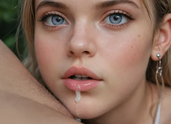 Close up view of a woman's pussy, creampie, outdoors at night, Juliet Starling, young face, huge round tits