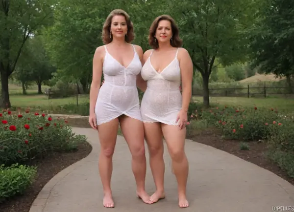 The scene features two curvy, sexy, (mature milfs:1.6), both with plump figures., ((it is clearly visible to everyone that their white lace dresses with a deep neckline and a deep slit are worn on their naked bodies)), ((a hairy pussy is visible under the dress)), . They are standing in a garden. In the background is an old peasant garden with a cherry orchard filled with red roses. Both women are dressed, which emphasizes their beautiful skin.

The soft lesbian scene features two mature women with plump figures., ((Their hands are touching each other's intimate places)), and they are surrounded by a crowd of people at a party. It seems that the two women are having an intimate moment, ((one of them lifts her skirt, exposing her sexy-divine legs)), ., (Full body view:1.5), (barefoot:1.5)